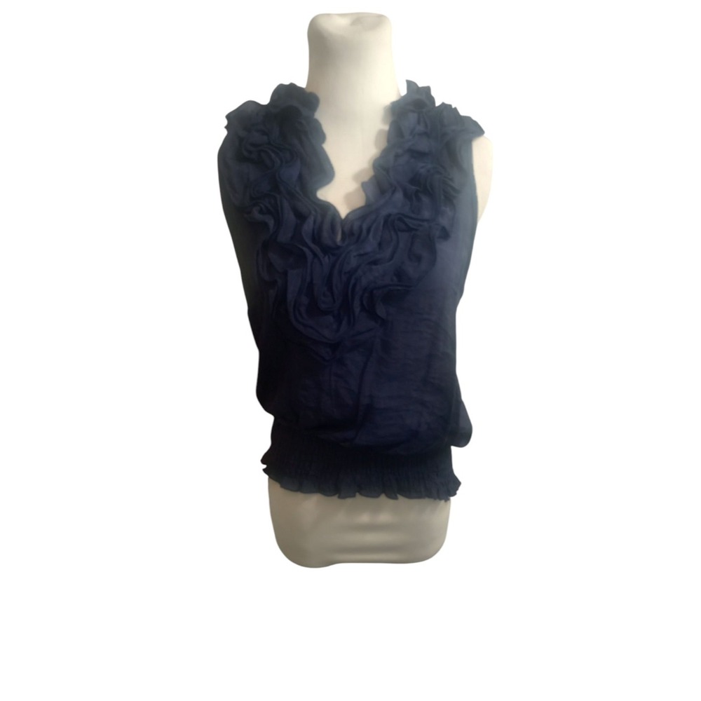 Antilia Femme Womens Dressy Tank Top Blouse L Navy Blue Top Ruffle Neck Smocked